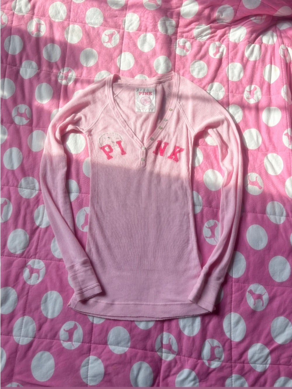 PINK Victoria's Secret Light Pink Ribbed V-Neck Henley Top